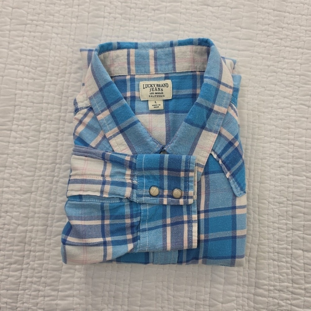 Lucky Brand Button Up Blouse Women's L Blue White Plaid Long Sleeve Pearl Snap - Picture 15 of 16